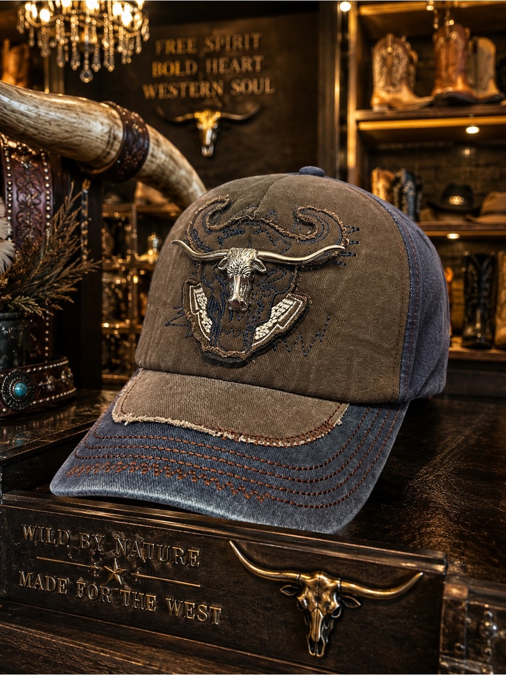 Western Longhorn Distressed Baseball Cap Adjustable Back Strap Men NEW